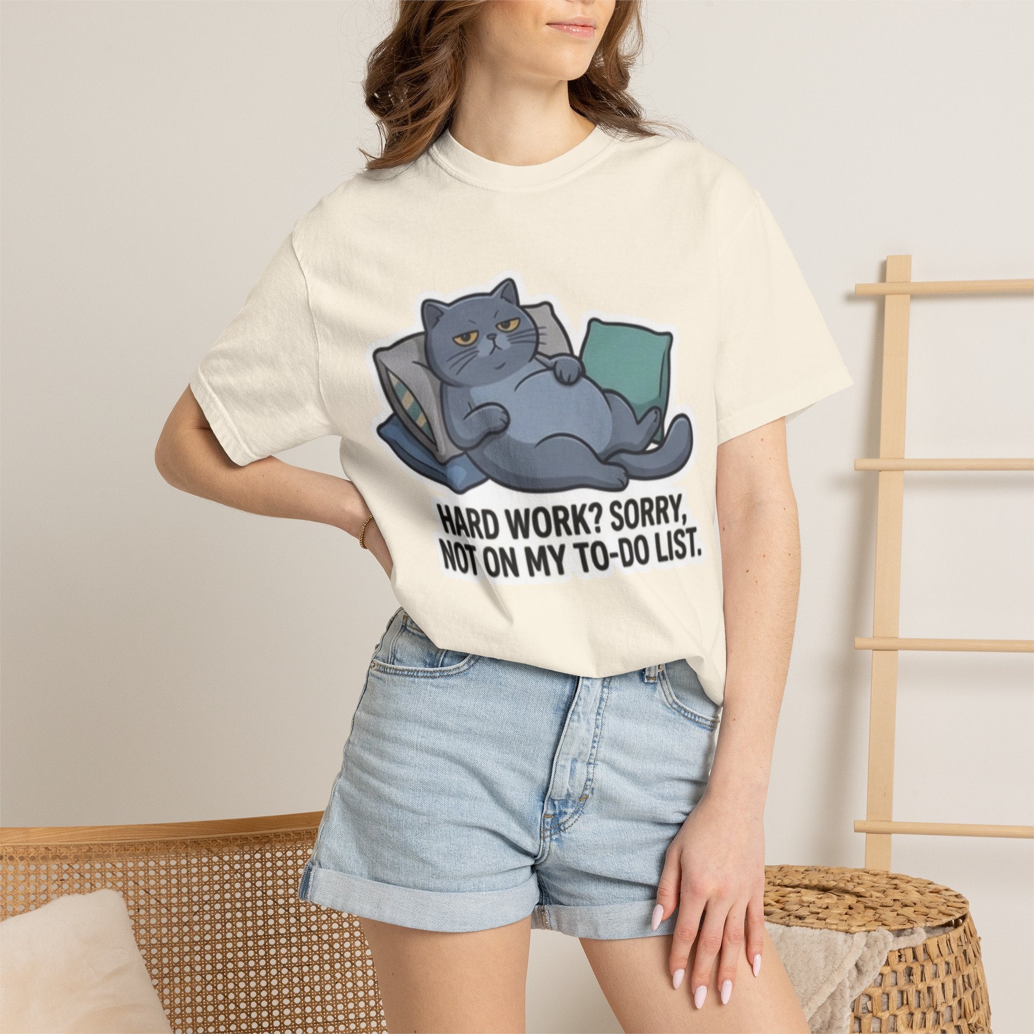 Lazy Cat Illustration Hard Work? Sorry T-shirt | Funny Cat Tee
