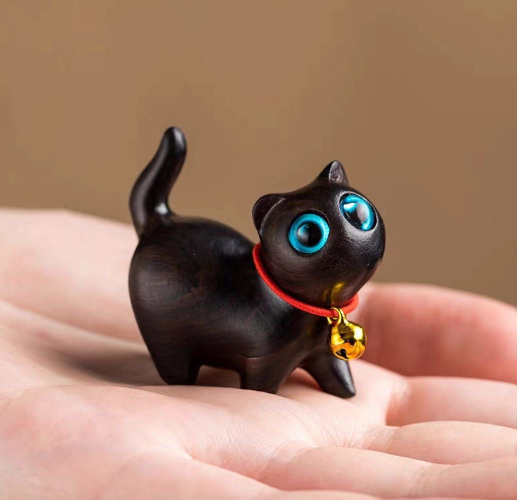 Wooden Fortune Cat Desktop Ornament | Natural Wood & Rosewood Cat Figurine