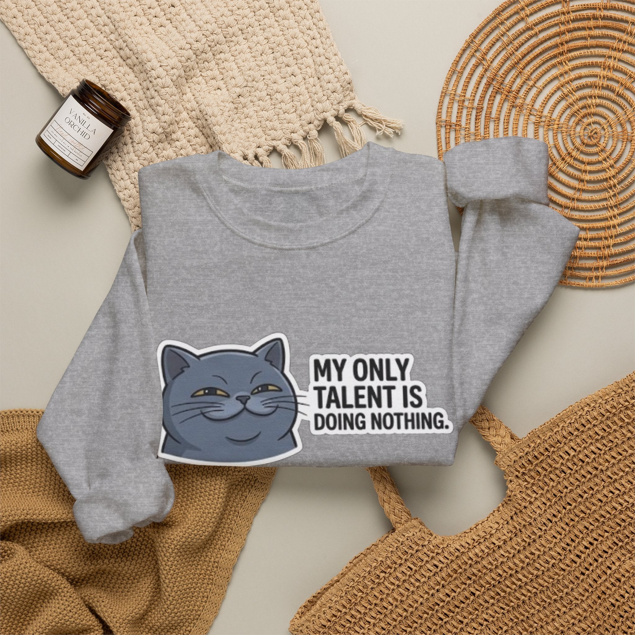 Smirking Cat 'My Only Talent Is Doing Nothing' Sweatshirt | Lazy Cat Crewneck