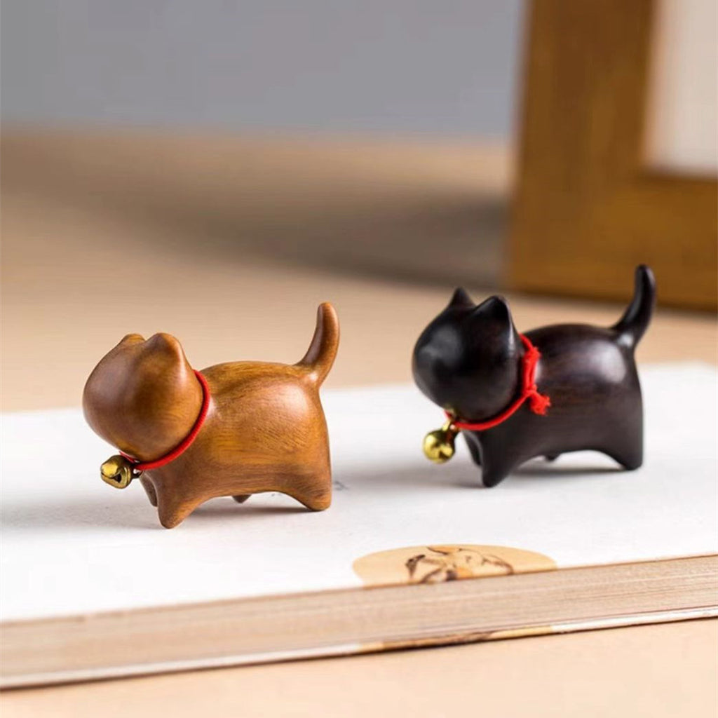 Wooden Fortune Cat Desktop Ornament | Natural Wood & Rosewood Cat Figurine