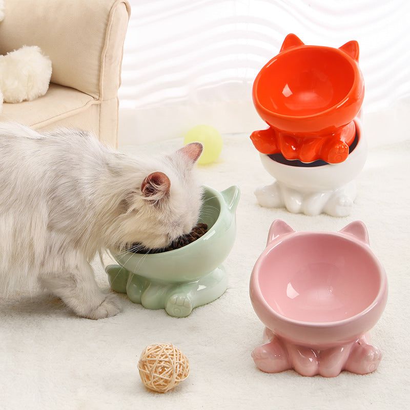 Ceramic Tilted Pet Food Bowl | Neck-Guard Oblique Design for Cats & Dogs