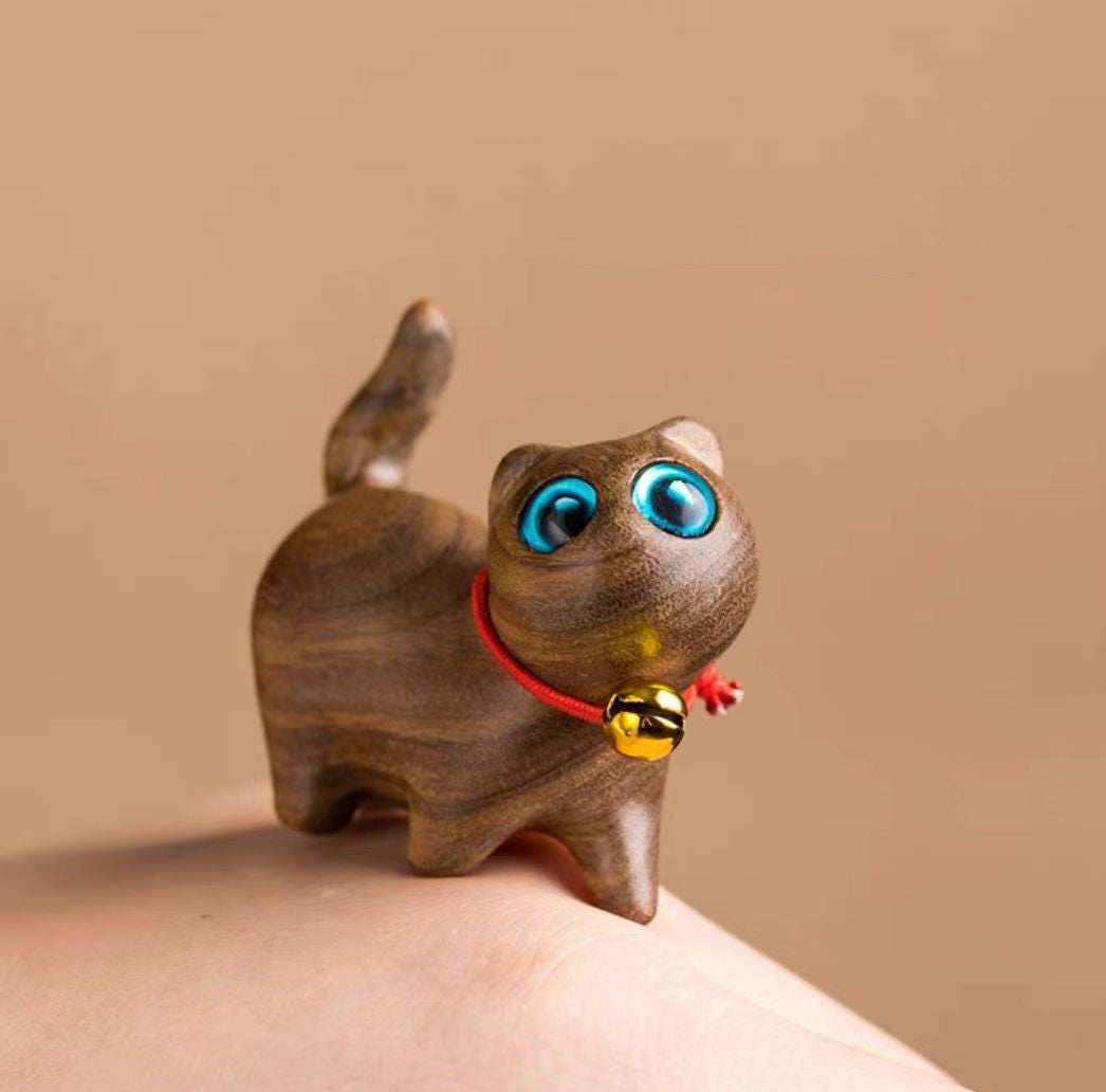 Wooden Fortune Cat Desktop Ornament | Natural Wood & Rosewood Cat Figurine