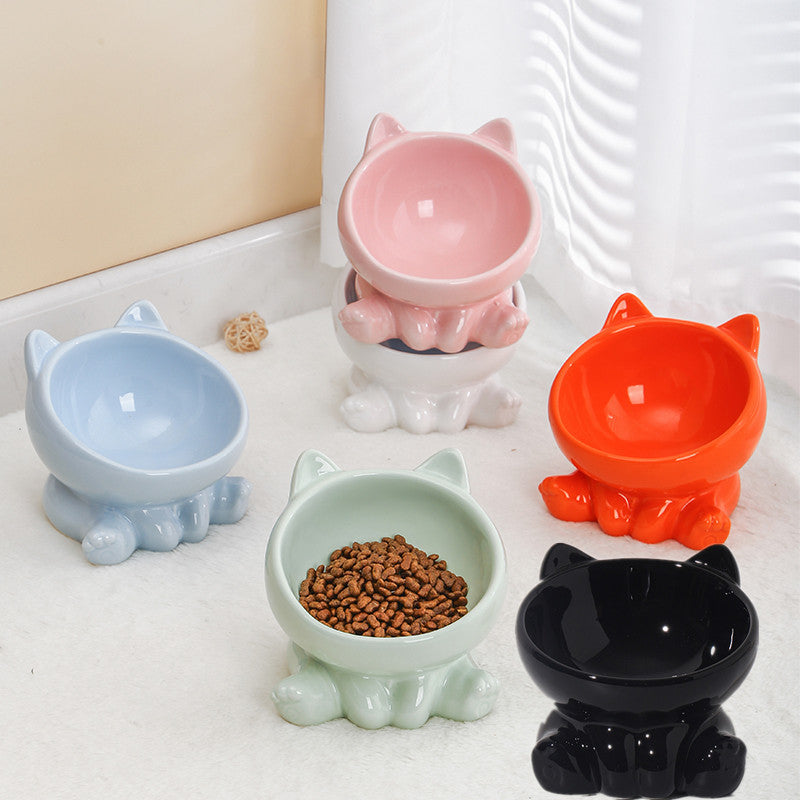Ceramic Tilted Pet Food Bowl | Neck-Guard Oblique Design for Cats & Dogs