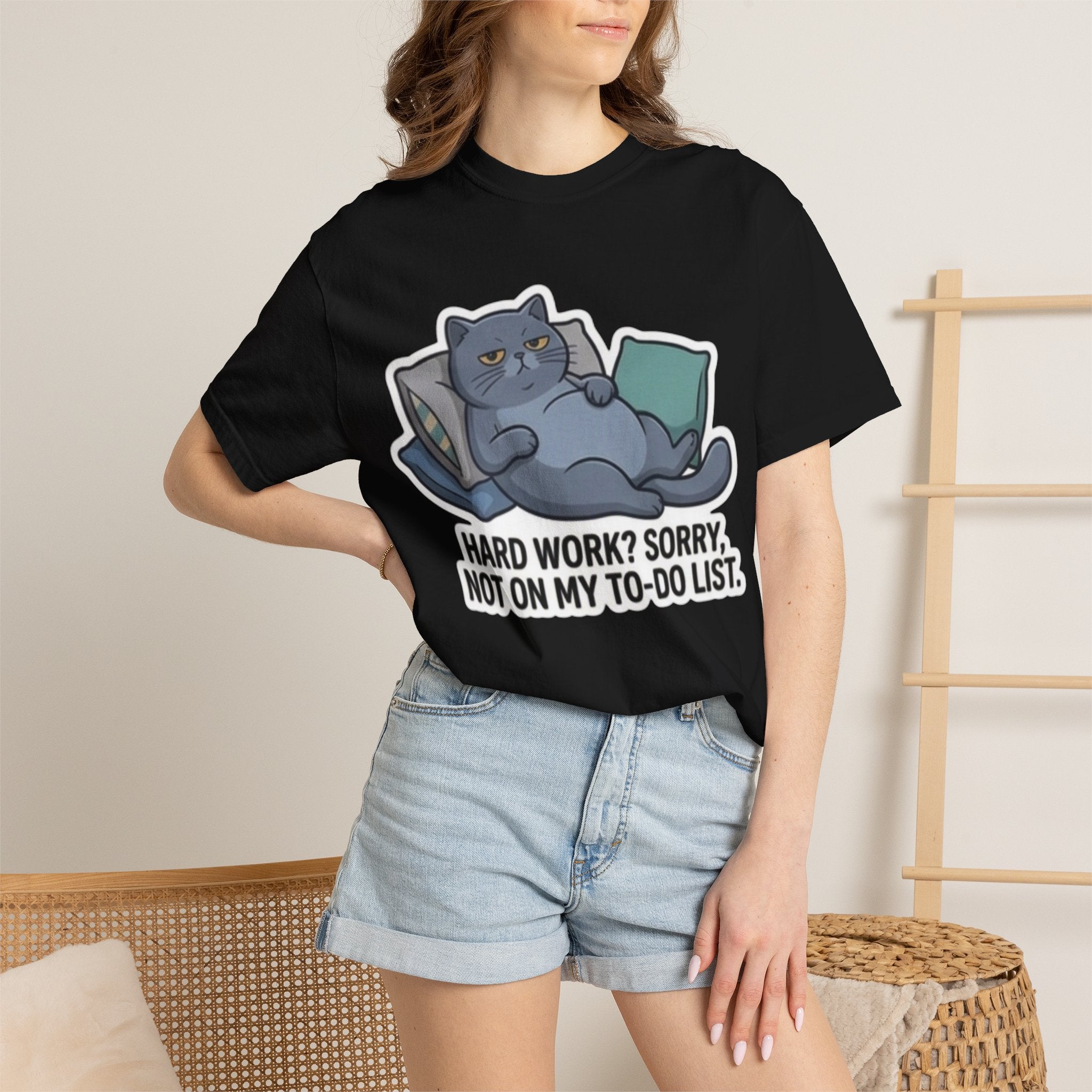 Lazy Cat Illustration Hard Work? Sorry T-shirt | Funny Cat Tee