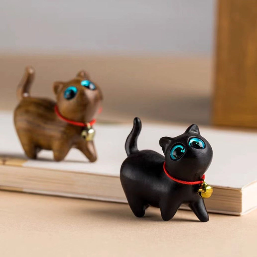 Wooden Fortune Cat Desktop Ornament | Natural Wood & Rosewood Cat Figurine